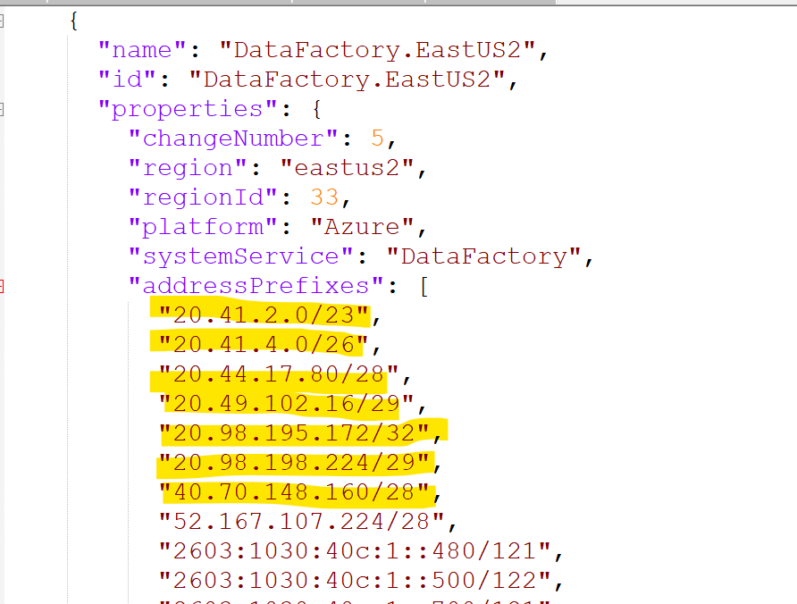 Azure Data Factory IP range