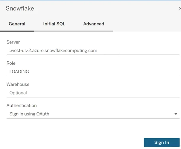 Tableau Snowflake Auth Screen