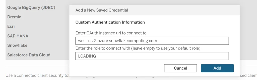 Tableau Snowflake my account settings